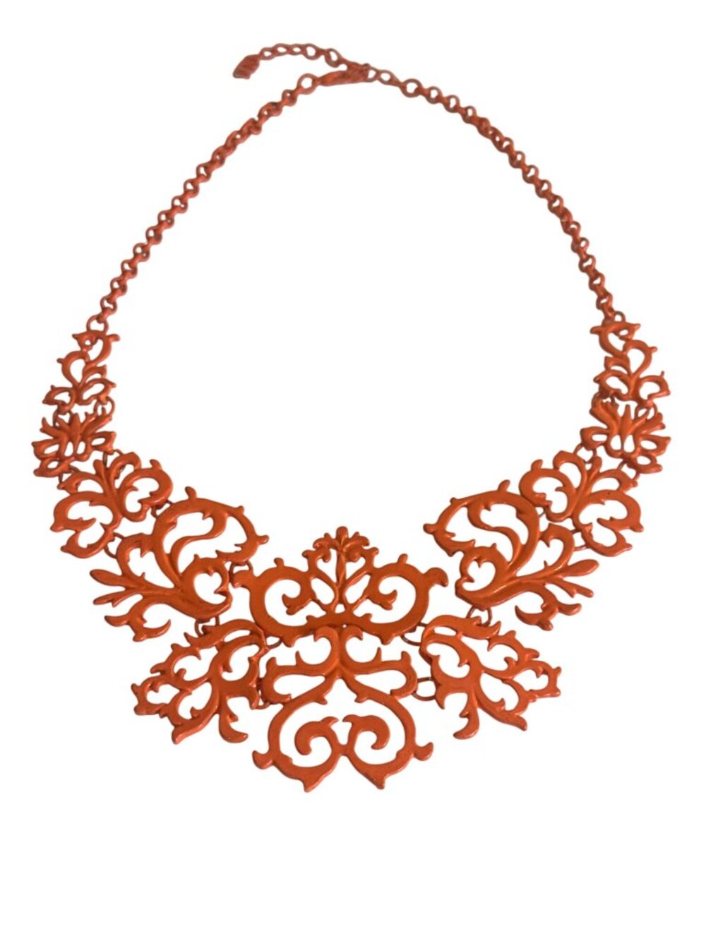 Orange Statement Bib Necklace With Intricate Scroll Design Adjustable Ornate